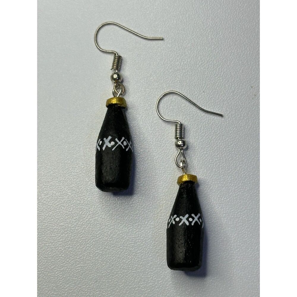 Black Mezcal Bottle Earrings Hand Painted Wood Mexican Folk Art Oaxaca Novelty